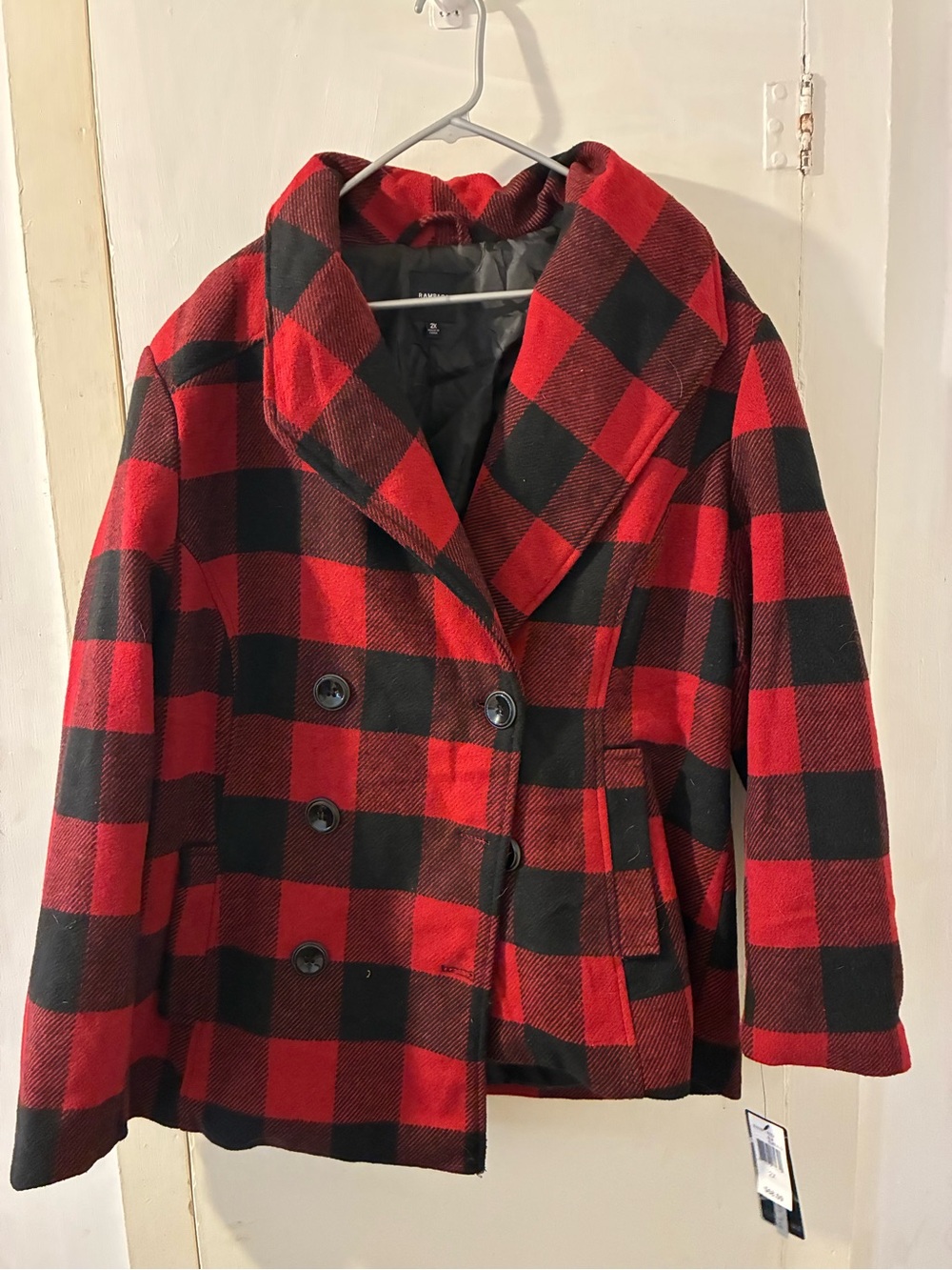 NWT Rampage Women’s Red Black Buffalo Plaid Pea Coat Double Breasted Jacket 2X